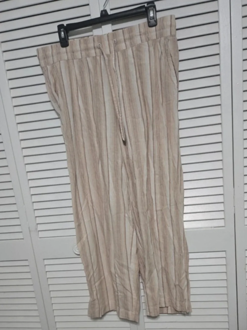 Tommy Hilfiger Womens Large Linen Beige and Tan Striped Drawstring Chinos Y2k